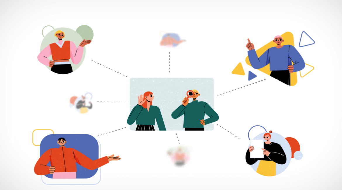 Illustration d’une équipe connectée autour d’un groupe central, symbolisant la collaboration et la communication.