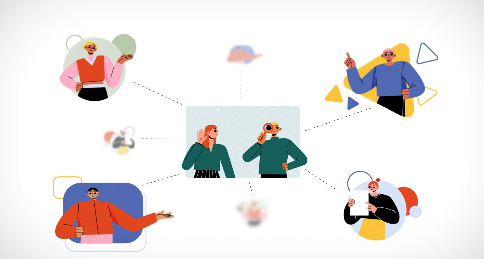 Illustration d’une équipe connectée autour d’un groupe central, symbolisant la collaboration et la communication.